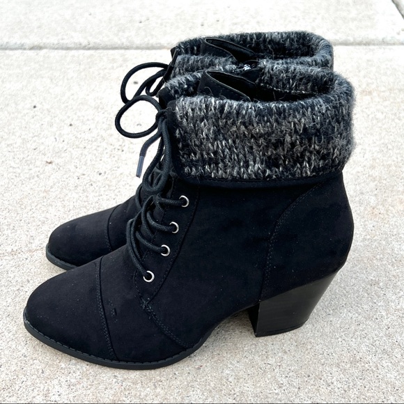 Torrid Sweater Cuff Black Vegan Leather Ankle Heeled Boots Booties - Picture 3 of 8